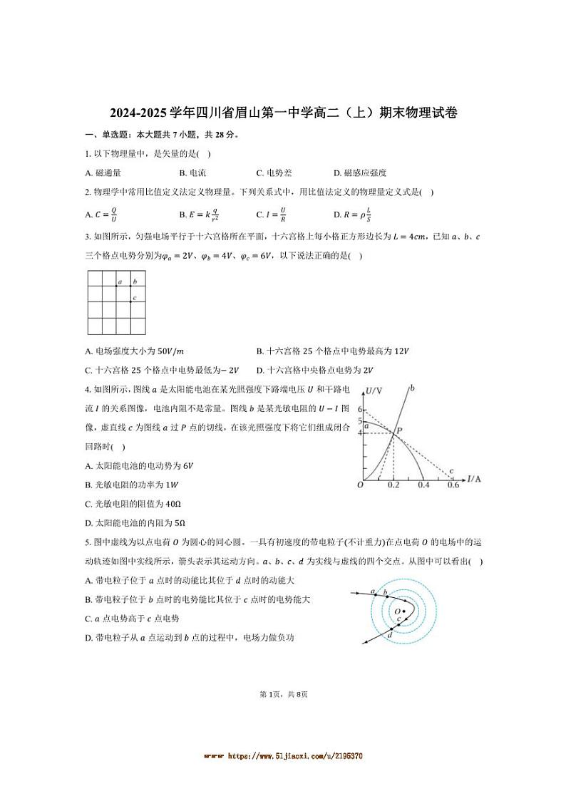 2024～2025学年四川省眉山第一中学高二上期末物理试卷(含答案)第1页