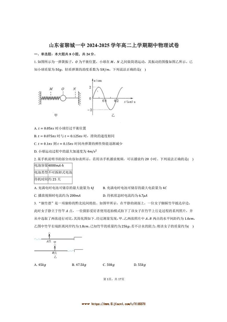 2024～2025学年山东省聊城一中高二上期中物理试卷(含解析)第1页