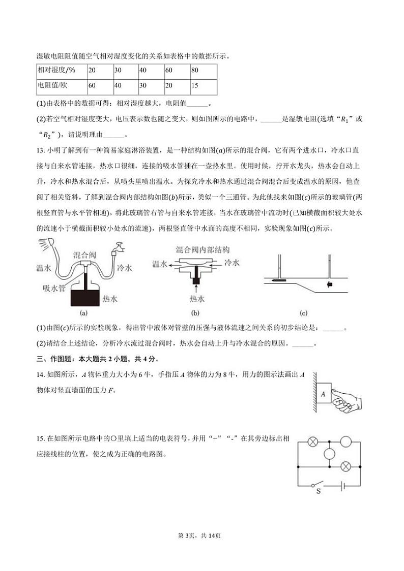 2024～2025学年上海市普陀区九年级(上)期末物理试卷([高考]一模)(含解析)第3页