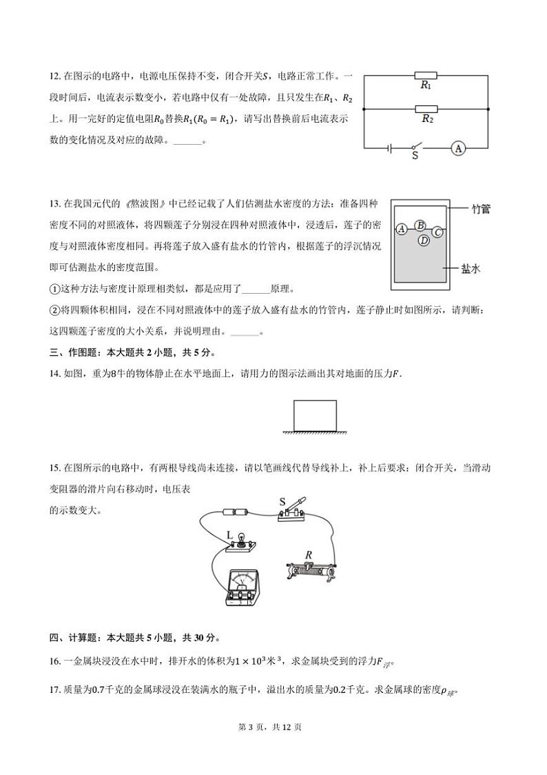 2024～2025学年上海市松江区九年级(上)期末物理试卷([高考]一模)(含解析)第3页