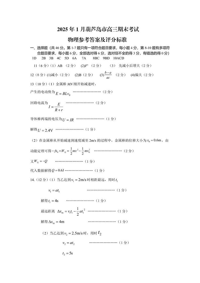 2025.1高三物理参考答案及评分标准第1页