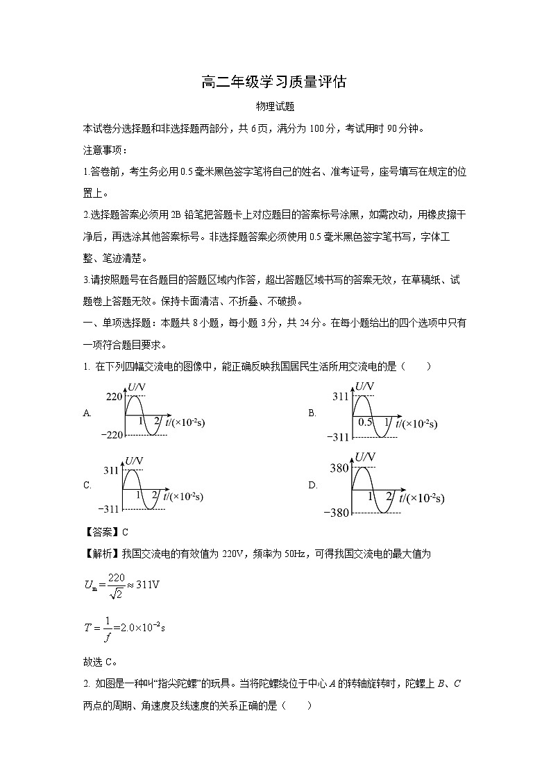 山东省济南市2024-2025学年高二上学期期末学情诊断物理试卷（解析版）第1页