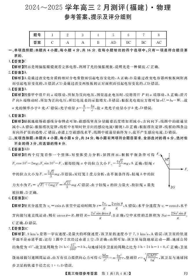 福建百校联考2025届高三下学期2月测评物理答案第1页