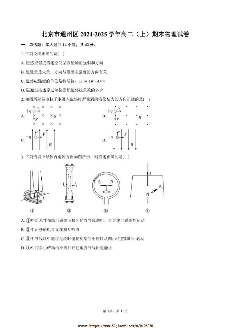 2024～2025学年北京市通州区高二上期末物理试卷(含解析)第1页