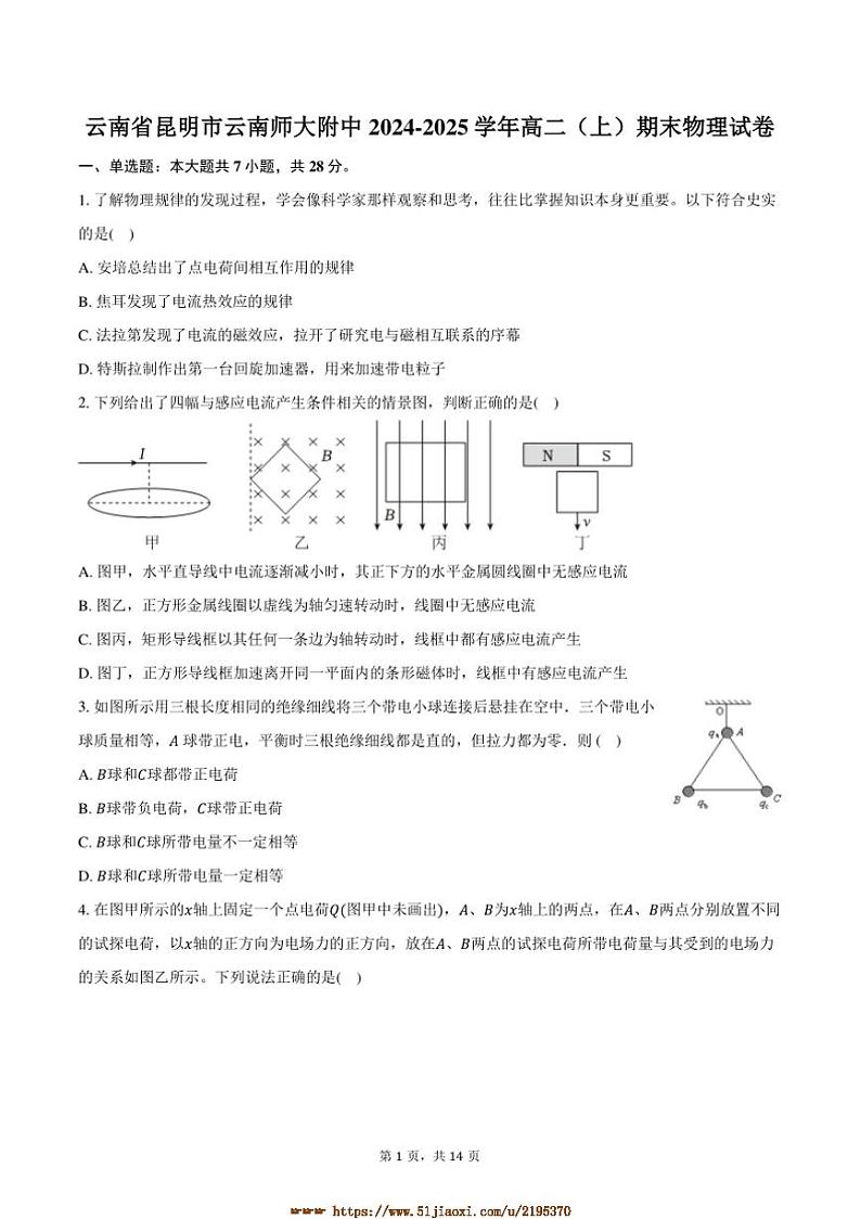2024～2025学年云南省昆明市云南师大附中高二上期末物理试卷(含解析)第1页