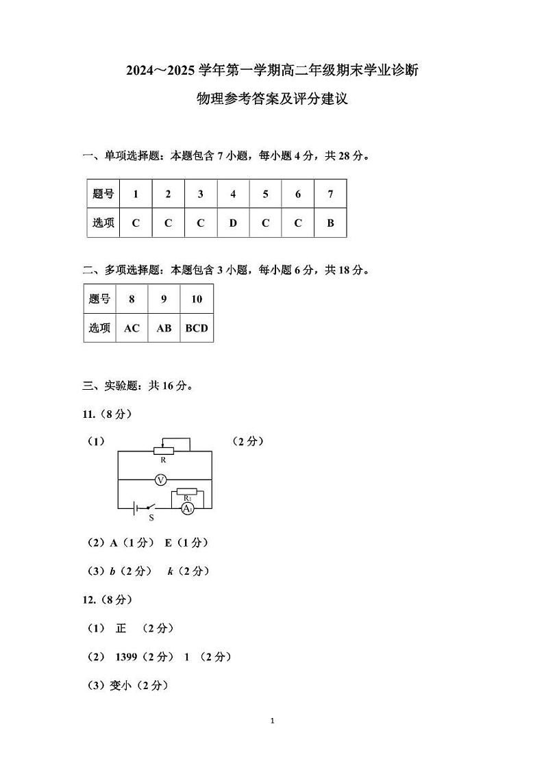 2024-2025学年第一学期期末高二物理答案第1页