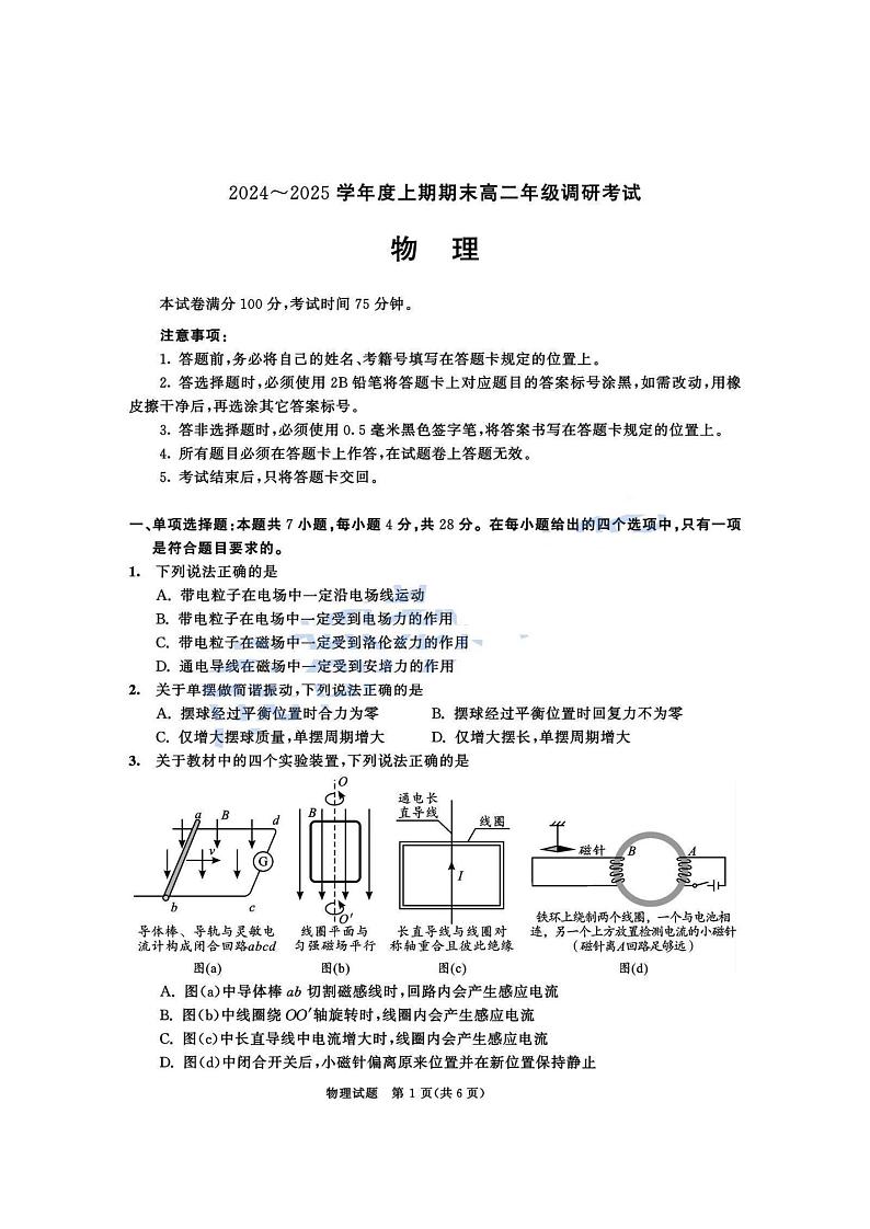 四川省成都市2024-2025学年高二上学期期末调研考试物理试题第1页