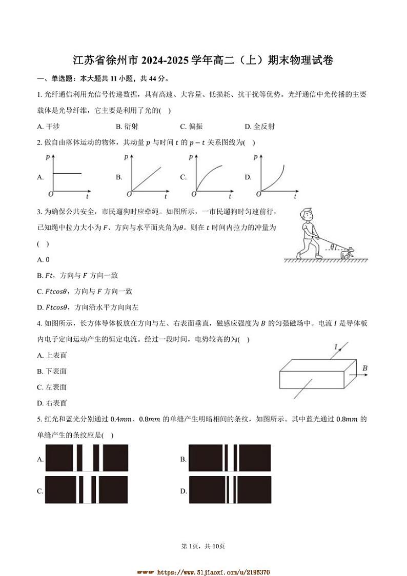 2024～2025学年江苏省徐州市高二上期末物理试卷(含解析)第1页