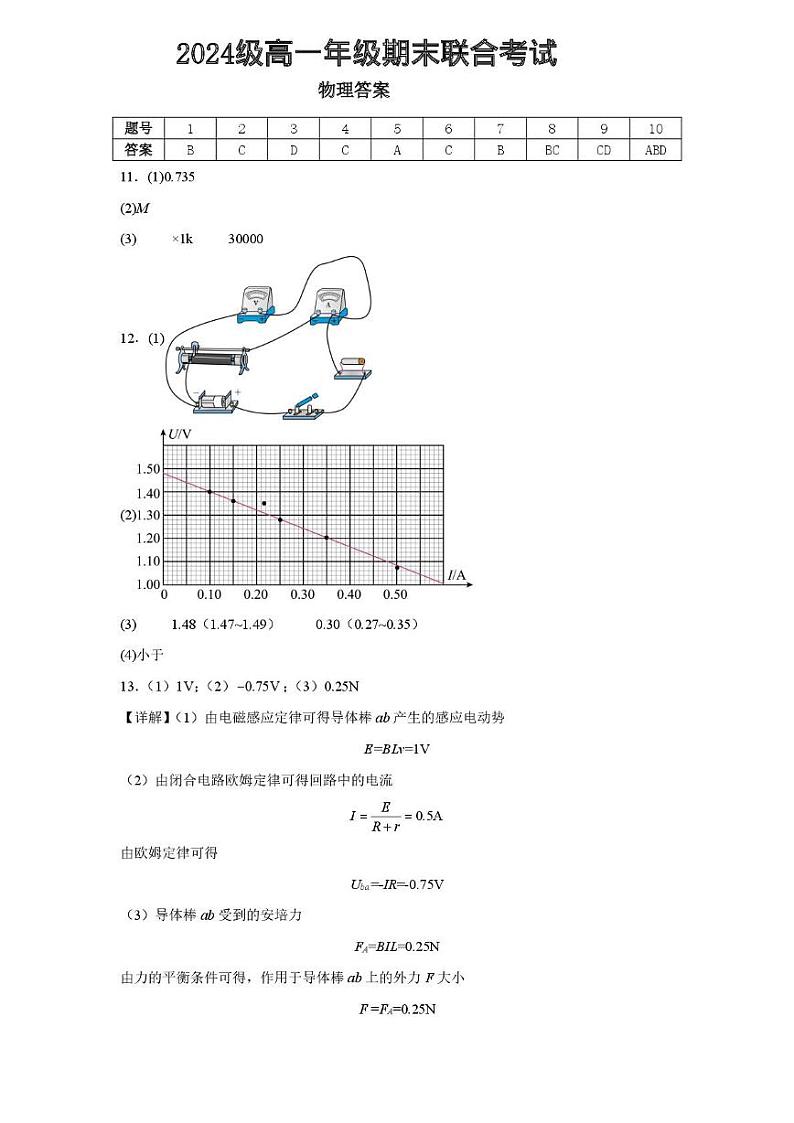 物理 东坡区2024级高一年级期末联合考试物理答案第1页