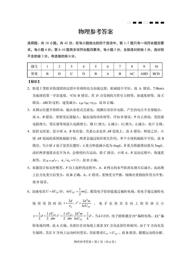 巴蜀中学高三2月月考 巴蜀中学2025届高考适应性月考卷（五）物理-答案第1页