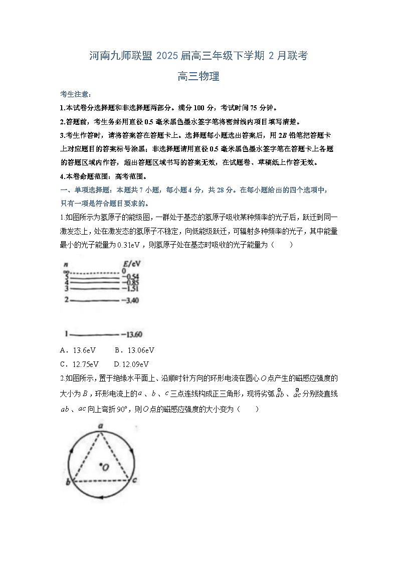 河南九师联盟2024-2025学年高三下学期2月联考物理试题（解析版）第1页