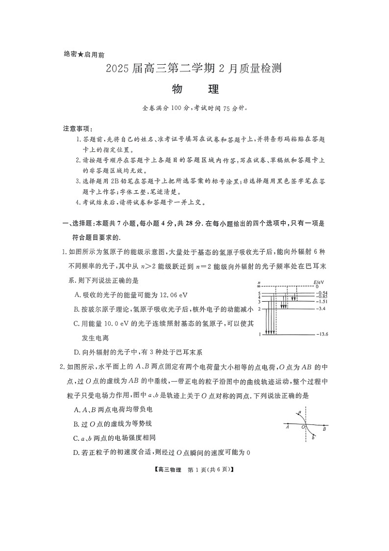 河南省驻马店市2024-2025学年高三下学期2月质量检测物理试题（图片版）第1页