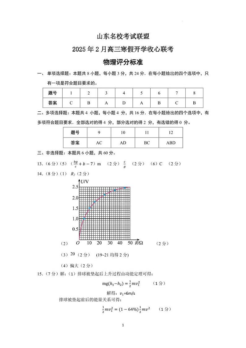 山东名校考试联盟开学联考——高三物理参考答案第1页