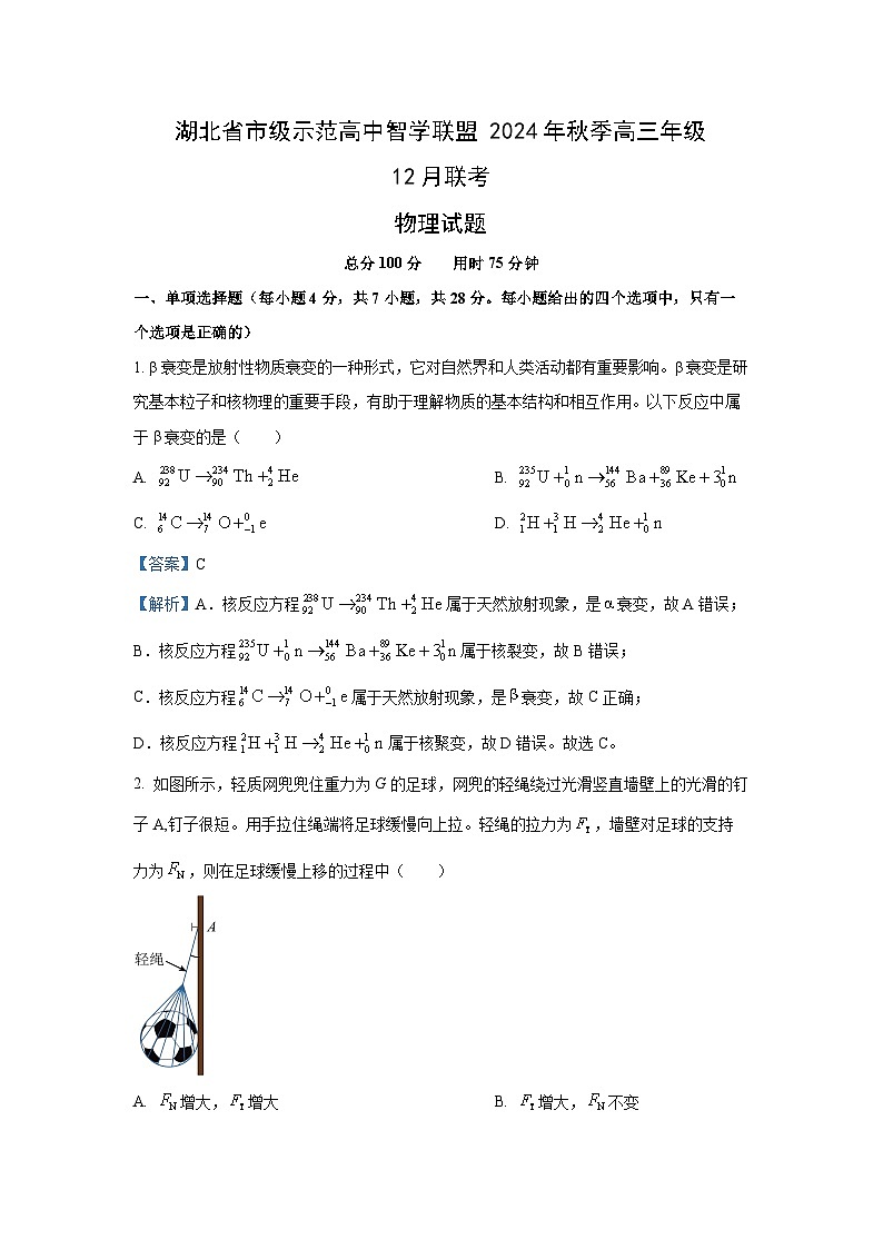 2024-2025学年湖北省市级示范高中智学联盟高三上学期12月月考物理试卷（解析版）第1页