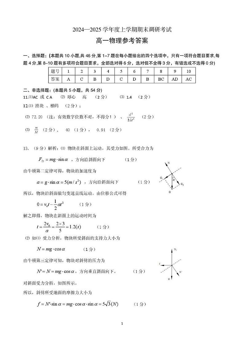 河南省三门峡市2024-2025学年度下学期期末调研考试高一物理试题答案第1页