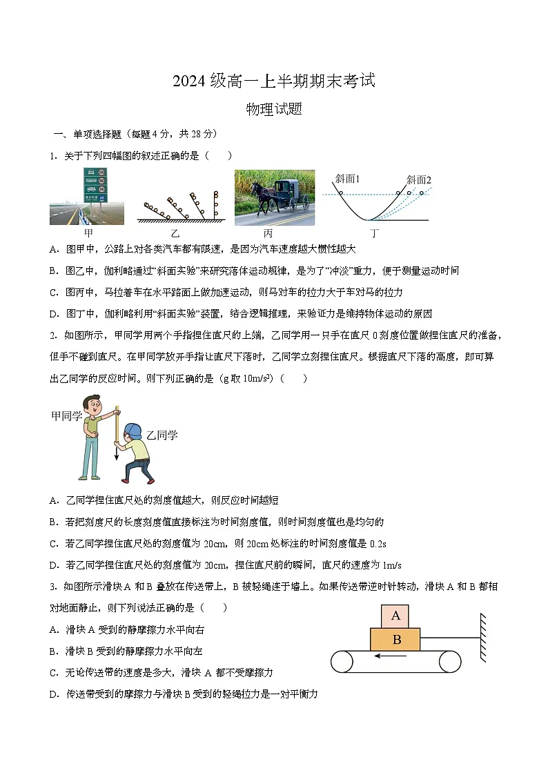 四川省眉山第一中学2024-2025学年高一上学期1月期末 物理试题第1页