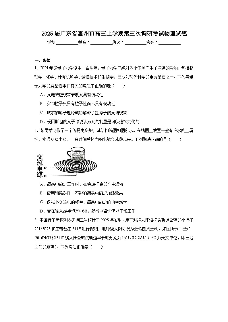 2025届广东省惠州市高三上学期第三次调研考试物理试题第1页