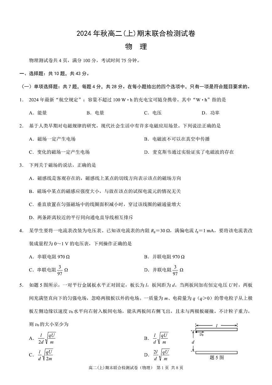 2024~2025学年重庆高二上学期期末考试物理试题（含答案）第1页