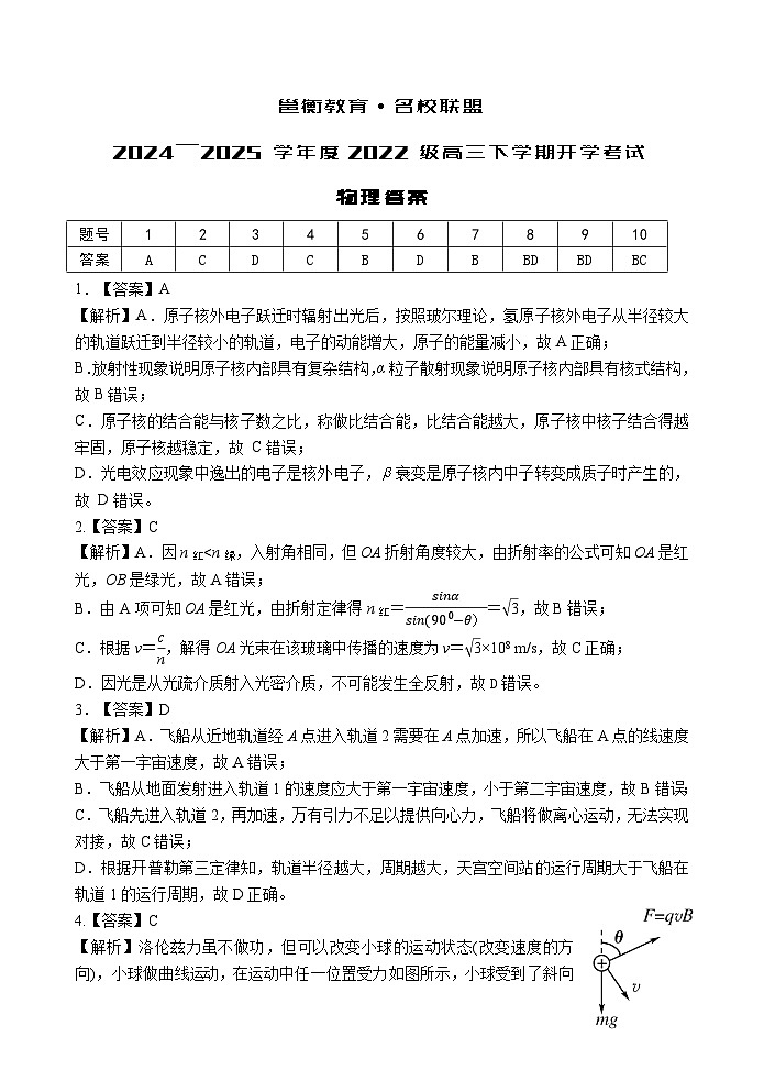 广西邕衡教育·名校联盟2024~2025学年度2022级高三下学期开学考试物理答案第1页