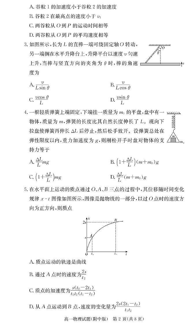 物理试卷（附中高一入学2期）第2页