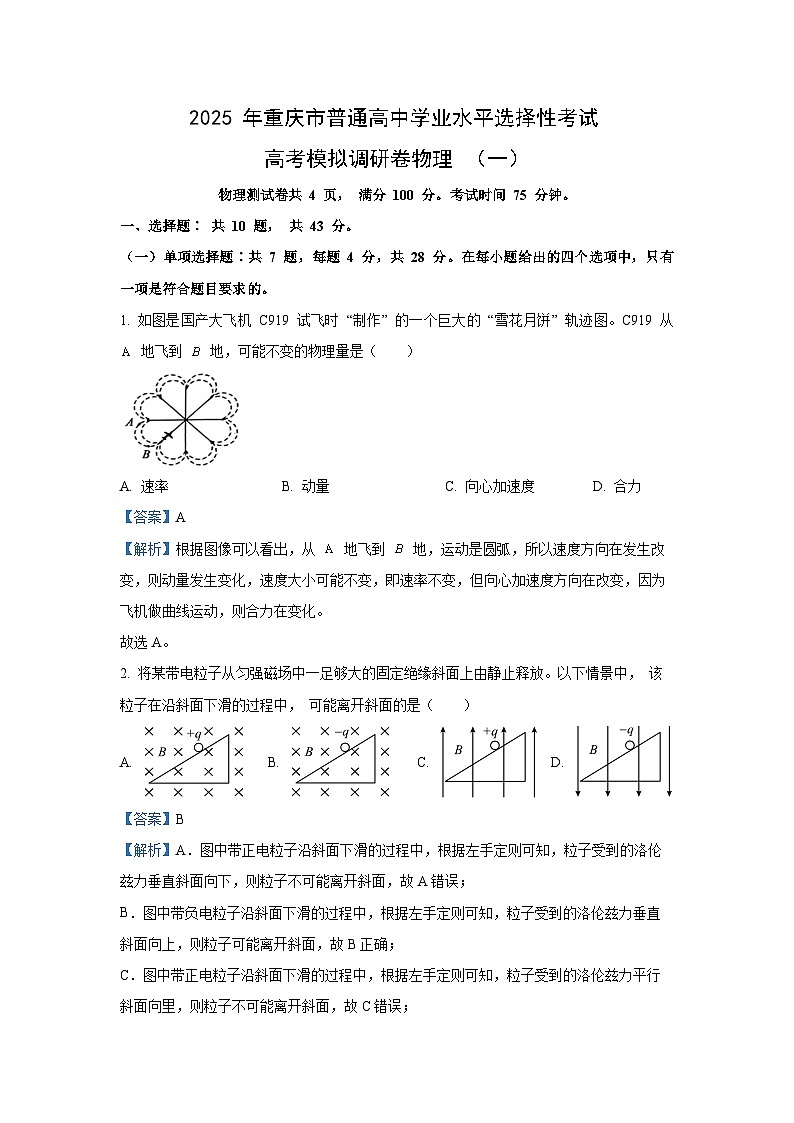 重庆市部分学校2024-2025学年高三(上)模拟调研卷（一）物理试卷（解析版）第1页
