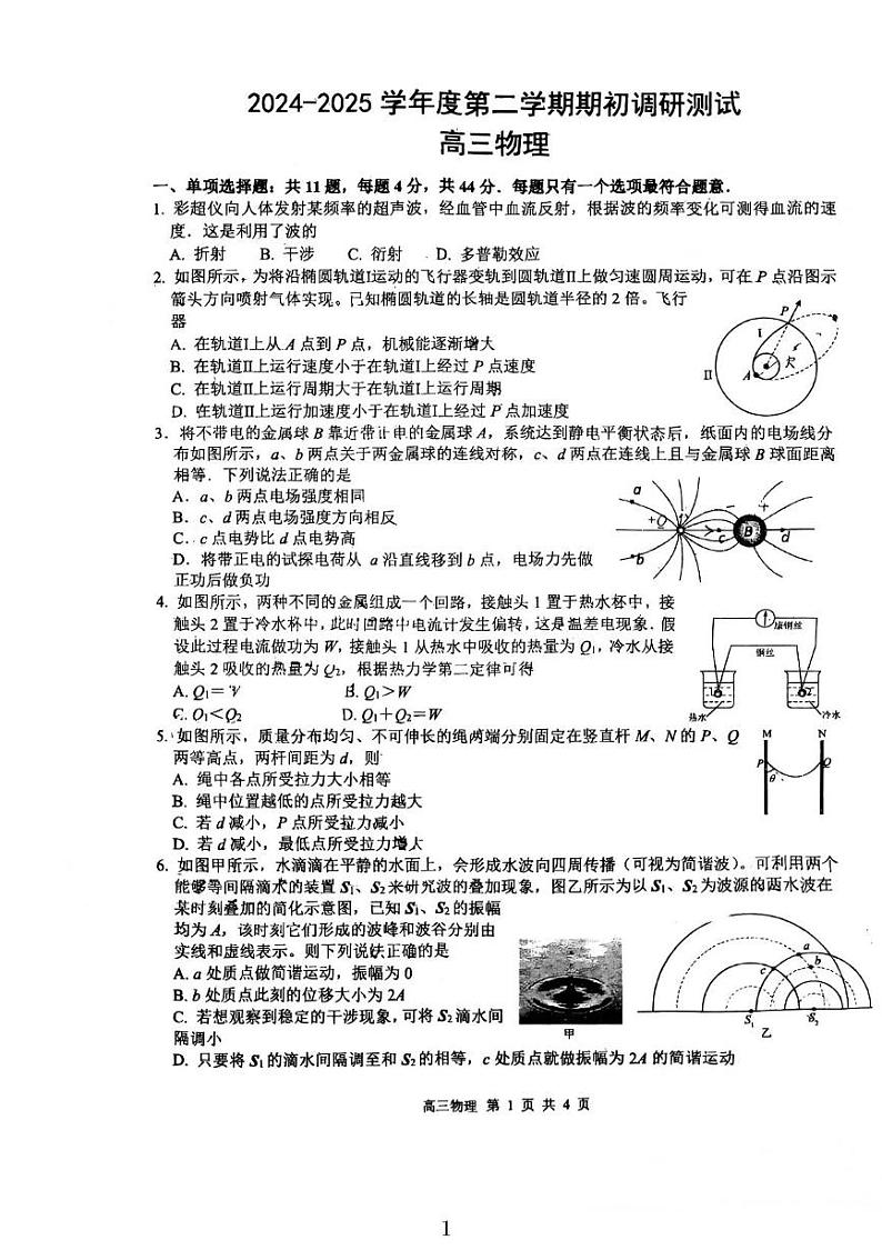 江苏南通启东中学2025年高三下学期开学物理试题第1页