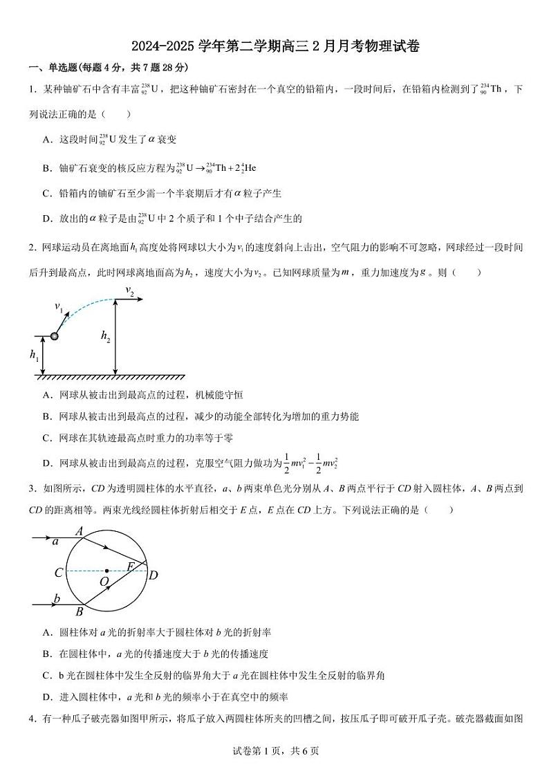 南昌十九中2024-2025学年第二学期2月月考高三物理第1页