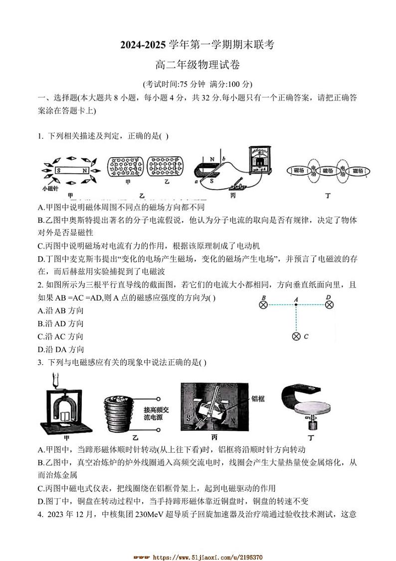 2024～2025学年安徽省合肥市六校联盟高二上1月期末考试物理试卷(含答案)第1页