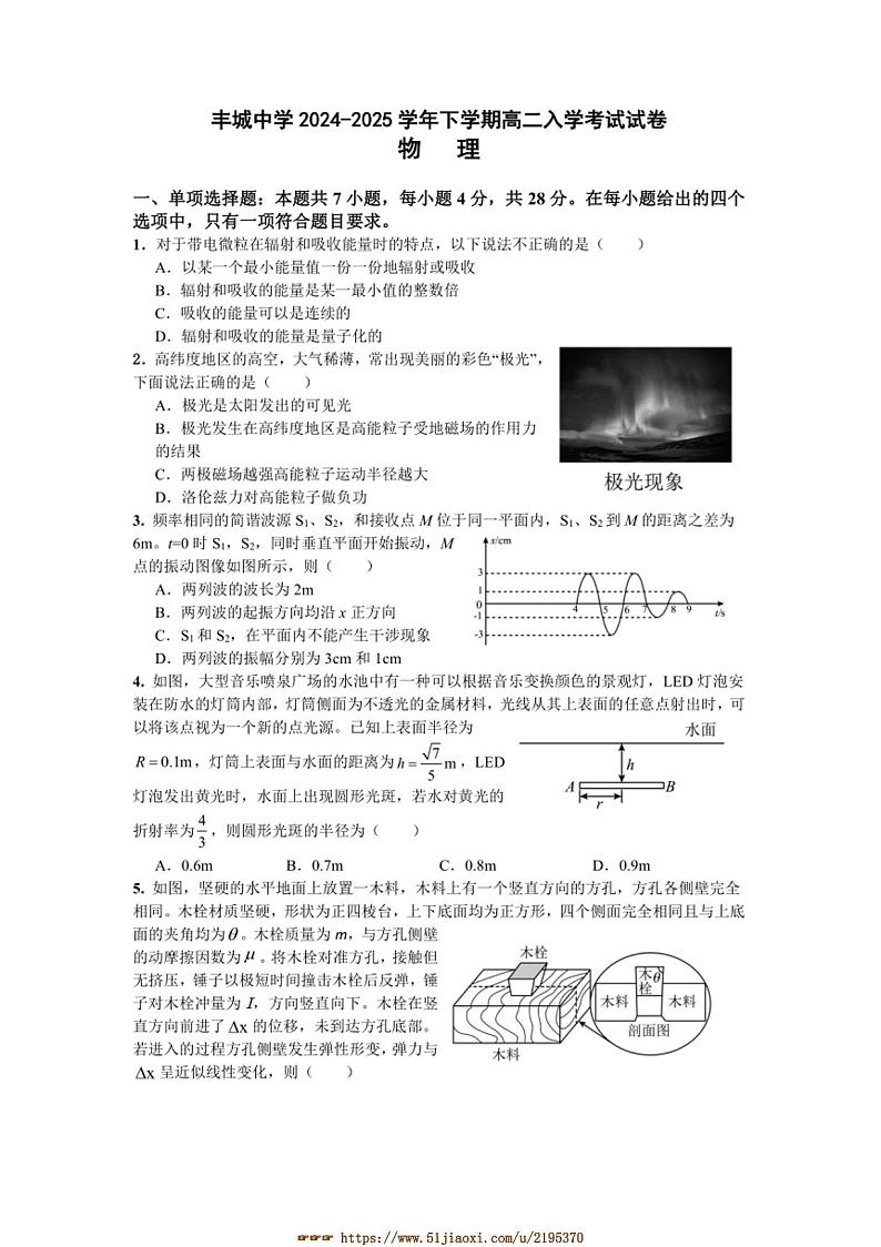 2024～2025学年江西省宜春市丰城中学高二下入学考试物理试卷(含答案)第1页