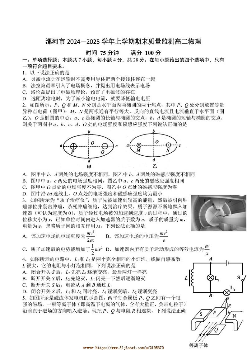 2024～2025学年河南省漯河市高二上期末质量监测物理试卷(含答案)第1页