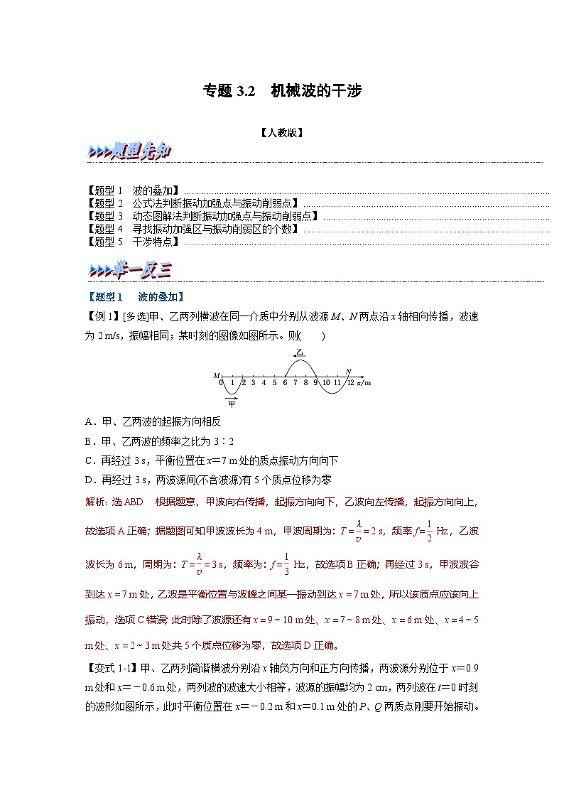 人教版高中物理(选修一)同步题型训练专题3.2 机械波的干涉（教师版）第1页