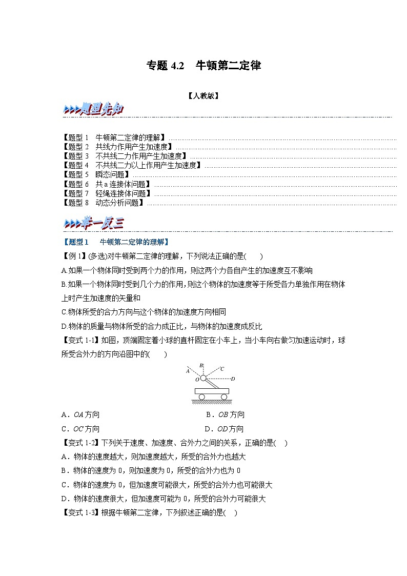 人教版高中物理（必修一）同步题型训练专题4.2 牛顿第二定律（学生版）第1页