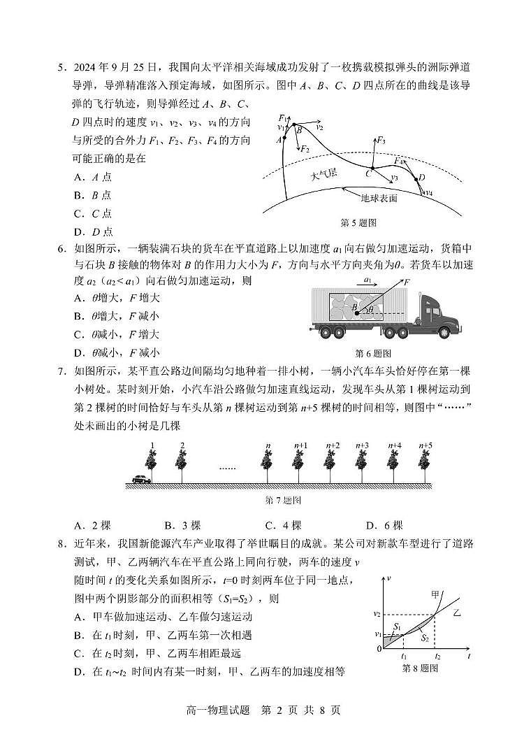 2025宁波高一上学期1月期末考试物理PDF版无答案第2页