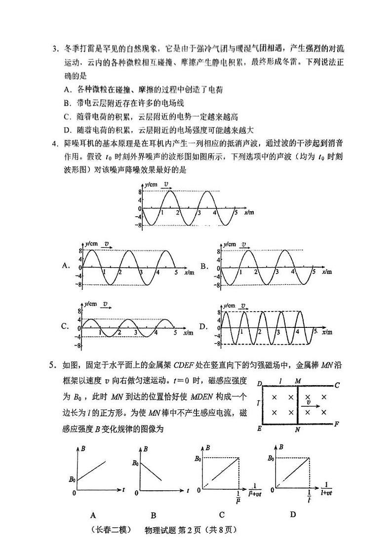 物理丨吉林省长春市2025届高三下学期2月质量监测（二）（长春二模）物理试卷及答案第2页