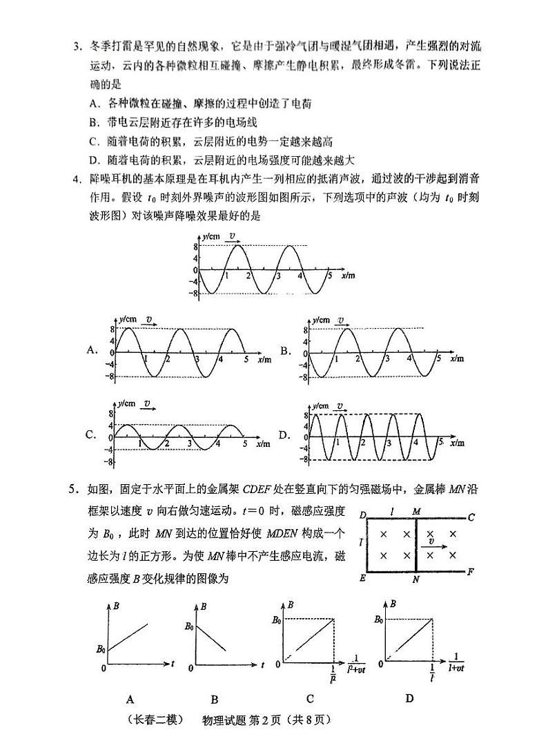 吉林省长春市2025届高三高考模拟质量监测（二）-物理试卷+答案第2页