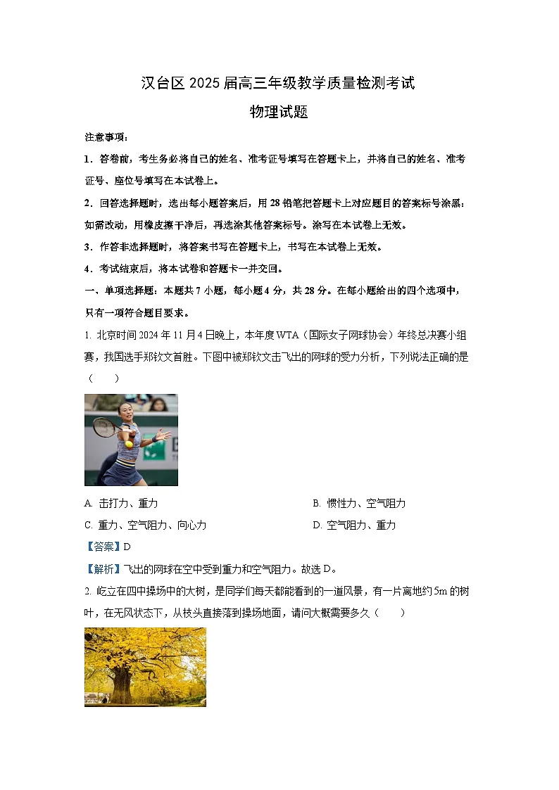 陕西省汉中市汉台区2024-2025学年高三下学期教学质量检测（二模）物理试题（解析版）第1页