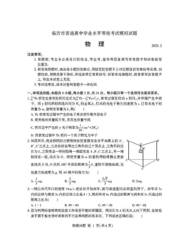 2025届山东临沂高考一模物理试题+答案第1页