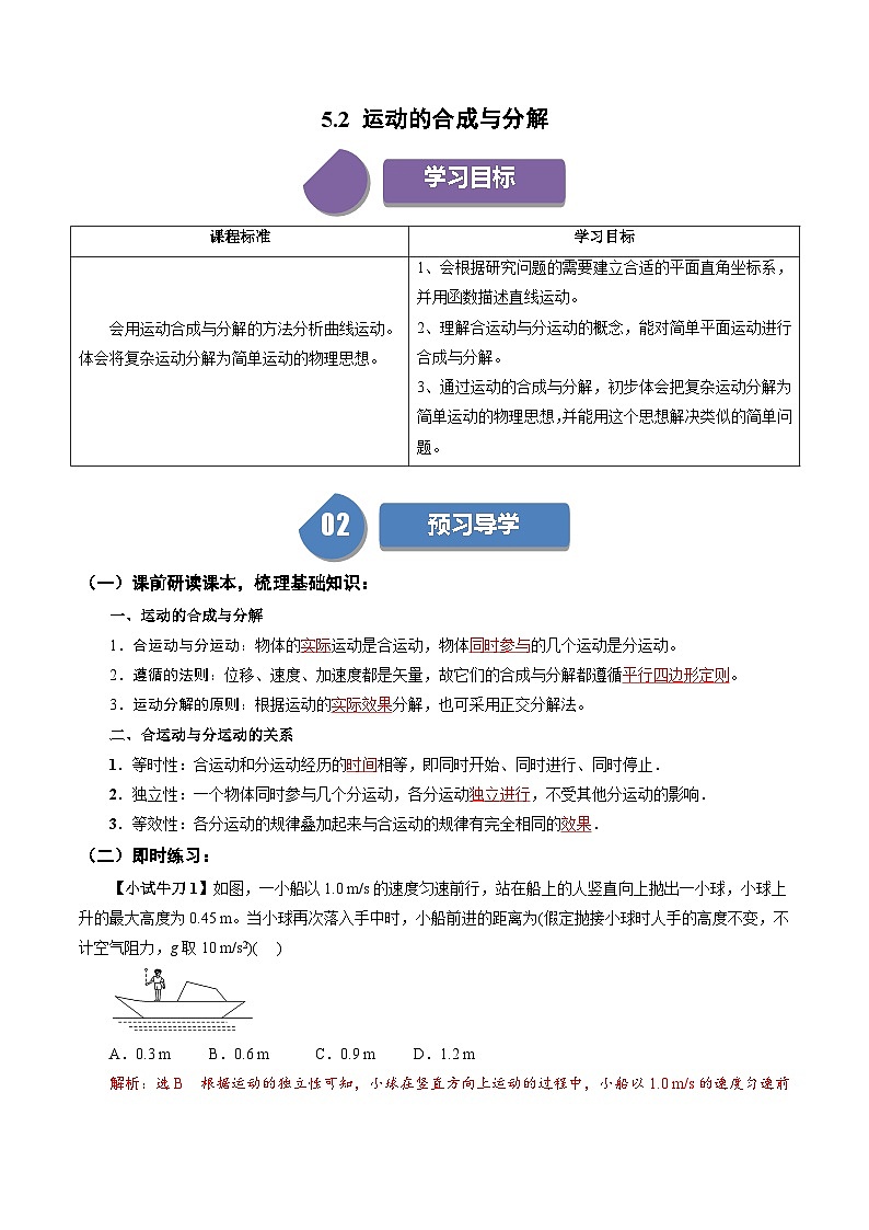 人教版高中物理(必修二)同步培优讲练5.2 运动的合成与分解（解析版）第1页