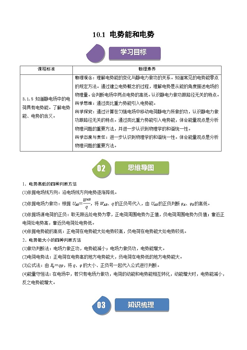 人教版高中物理(必修三)同步讲与练10.1 电势能和电势（原卷版）第1页