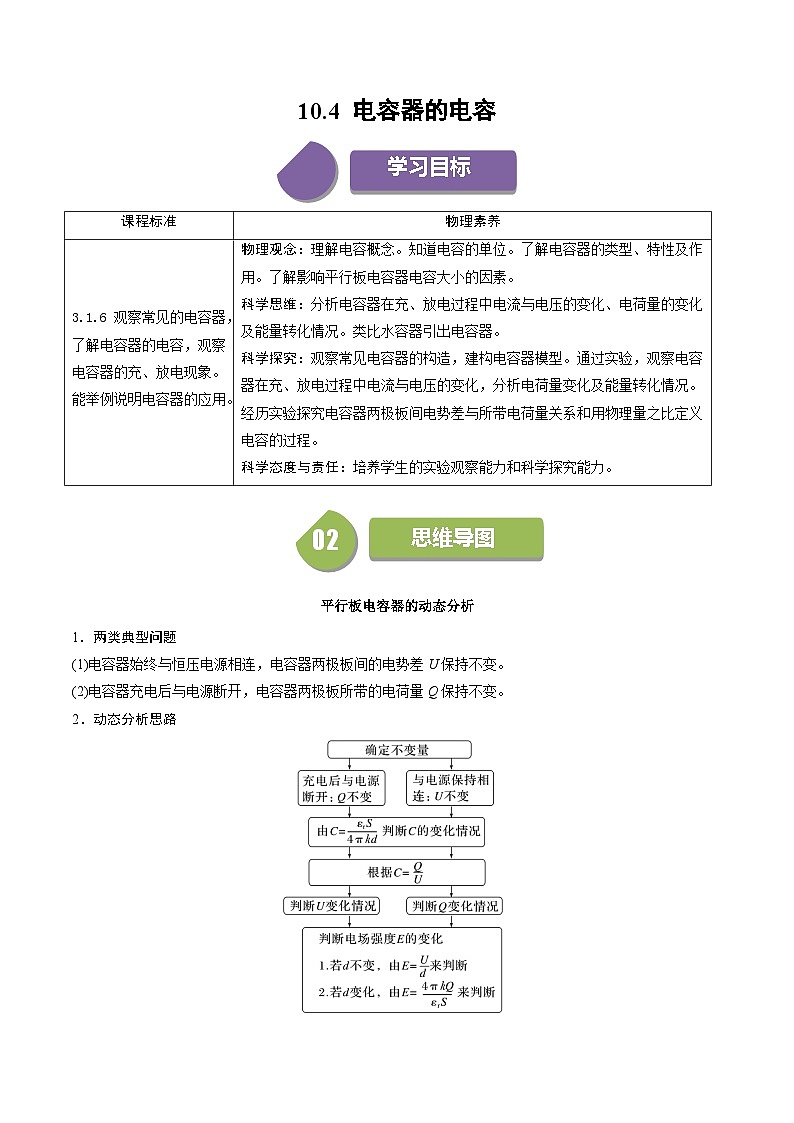 人教版高中物理(必修三)同步讲与练10.4 电容器的电容（原卷版）第1页