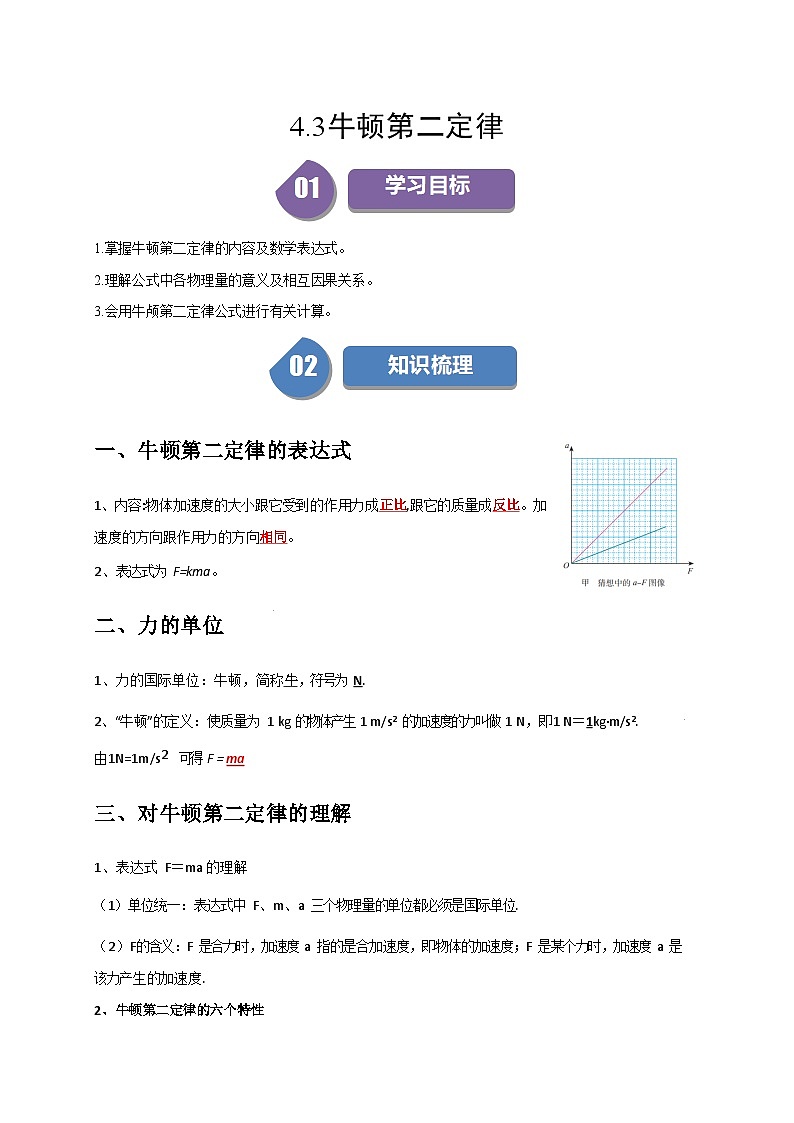 人教版高中物理(必修一)同步讲与练4.3牛顿第二定律（原卷版）第1页