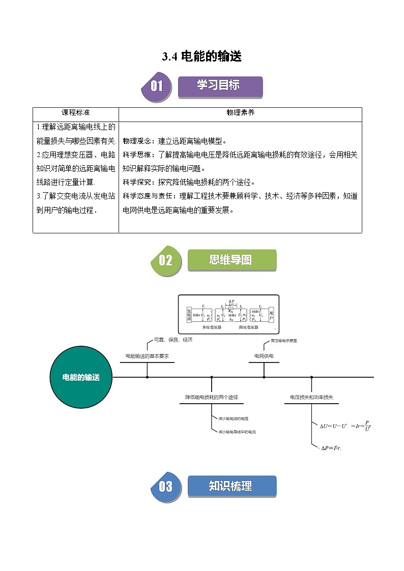 人教版高中物理(选择性必修二)同步讲与练3.4电能的输送（解析版）第1页