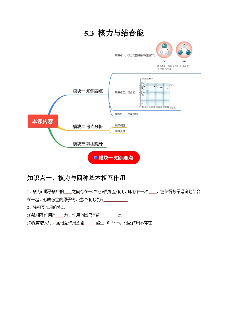 人教版高中物理(选择性必修三)同步讲与练5.3核力与结合能（原卷版）第1页
