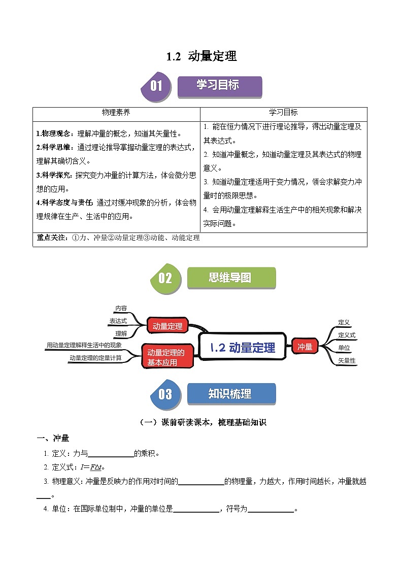 人教版高中物理(选择性必修一)同步讲与练1.2 动量定理 （原卷版）第1页