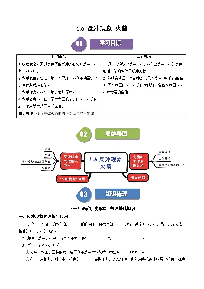 人教版高中物理(选择性必修一)同步讲与练1.6 反冲现象 火箭（原卷版）第1页