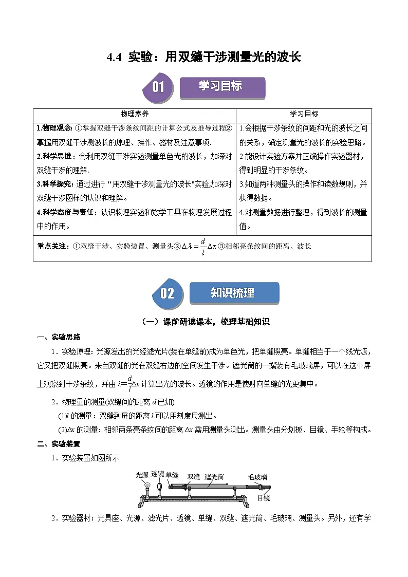 人教版高中物理(选择性必修一)同步讲与练4.4 实验：用双缝干涉测量光的波长（解析版）第1页
