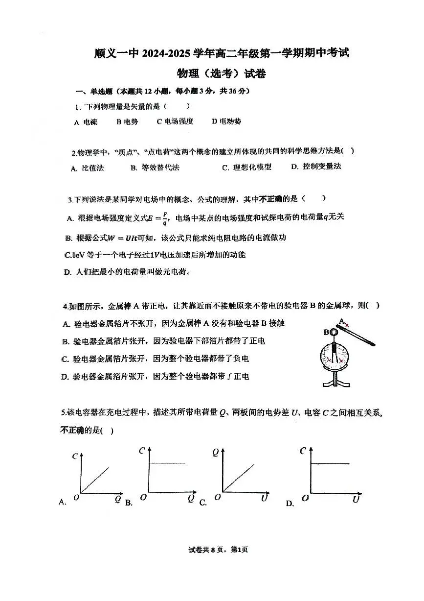 2024北京顺义一中高二（上）期中物理试卷（有答案）第1页