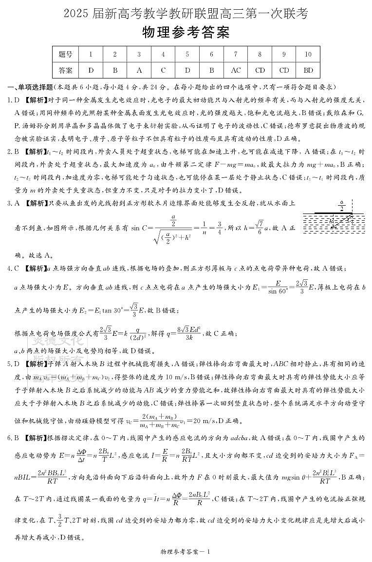 湖南省2025届新高考教学教研联盟高三第一次联考  物理答案.pdf第1页