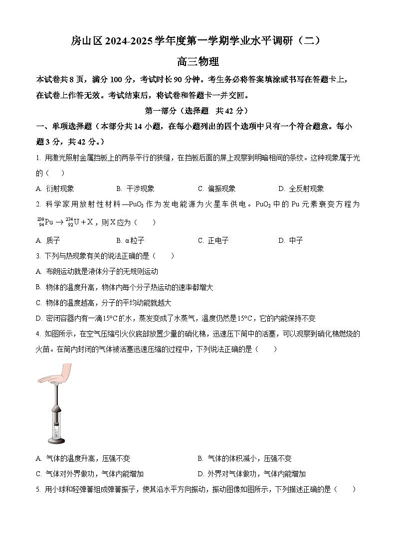 北京市房山区2024-2025学年高三上学期期末学业水平调研（二）物理试卷 Word版无答案第1页