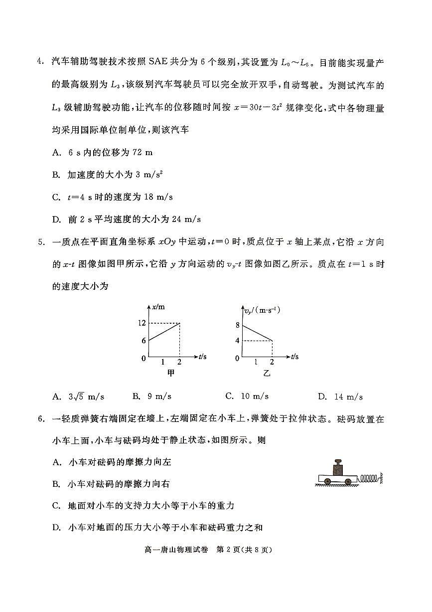2025唐山高一上学期期末考试物理PDF版无答案第2页